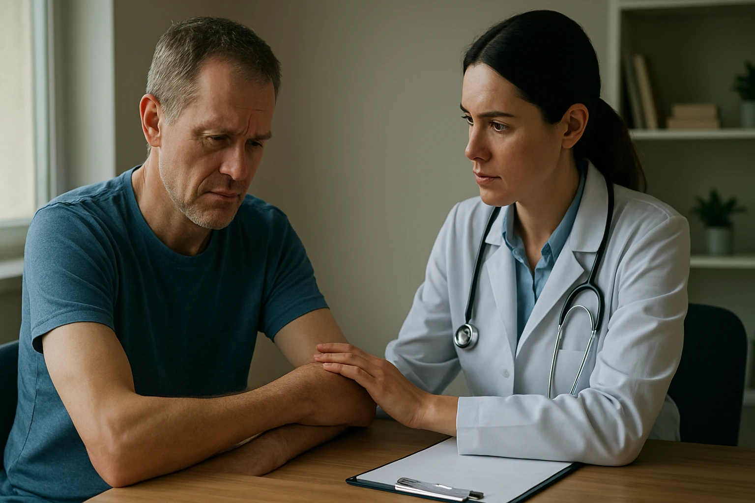 Lekárka konzultuje s pacientom o svalovej atrofii a rakovine.