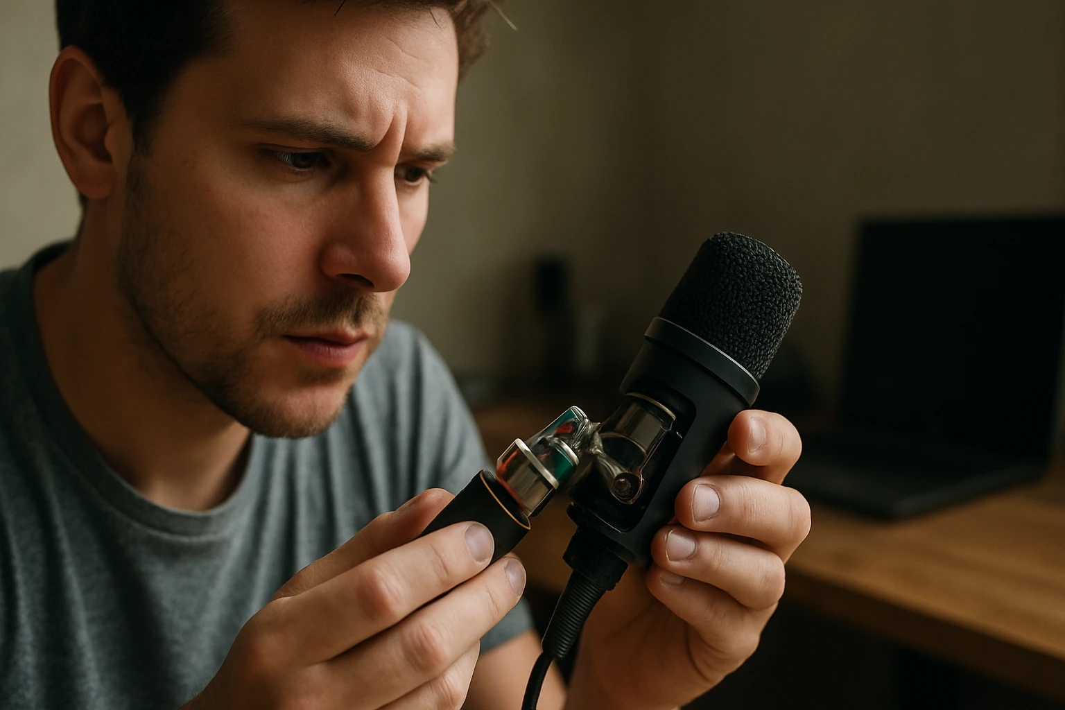 Muž skúma mikrofón a jeho komponenty