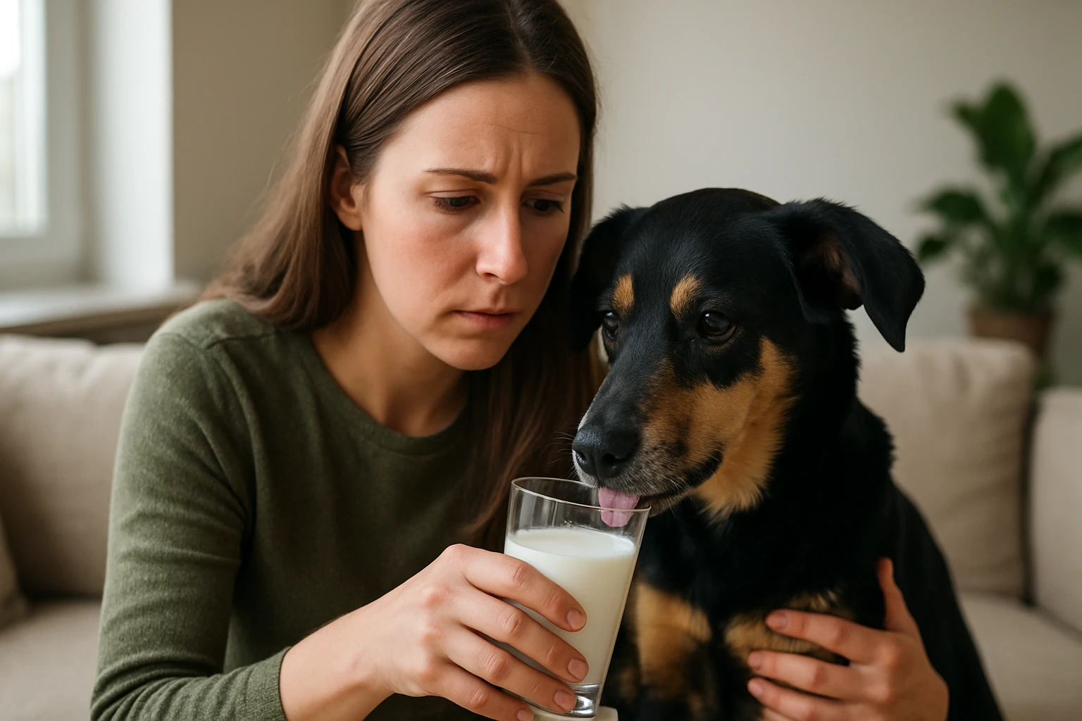 Žena sa zameriava na psa a mlieko v pohári.