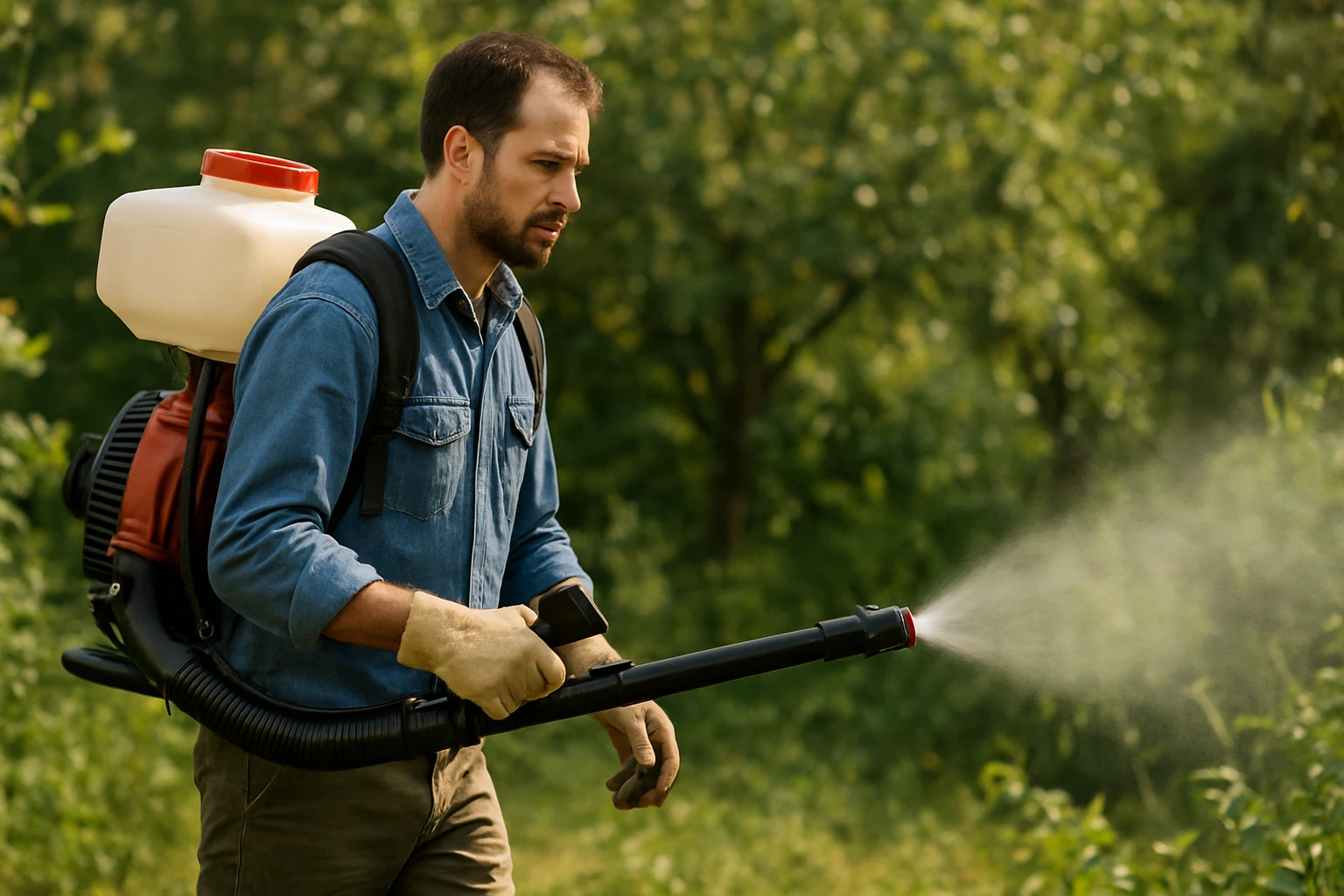 Muži používajúci motorový chrbtový postrekovač v záhrade