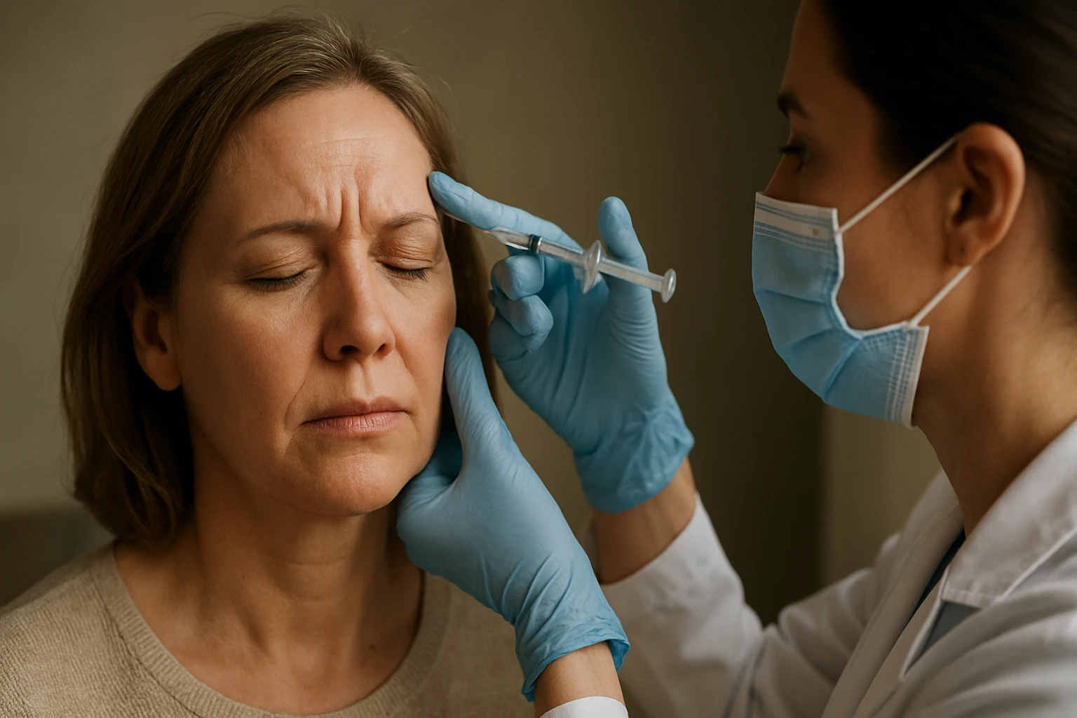 Žena absolvuje botoxovú liečbu na odstránenie vrások.
