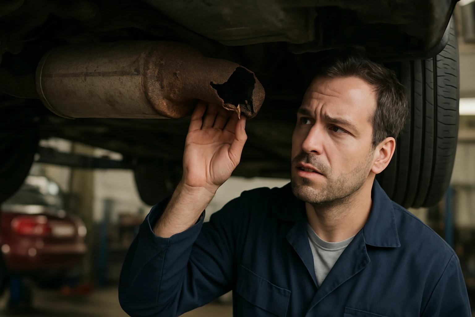 Mechanik kontroluje deravú výfukovú sústavu pod autom