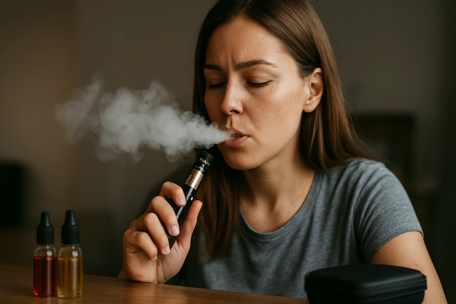 Žena fajčí elektronickú cigaretu s e-liquidom a vytvára oblak pary.