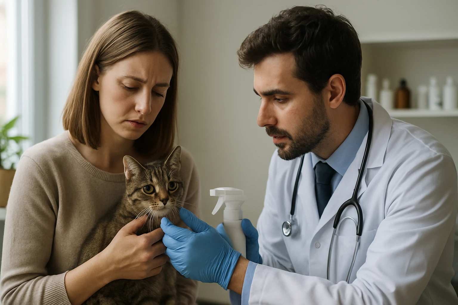 Žena s mačkou pri veterinárnom vyšetrení, odborník zisťuje problémy.