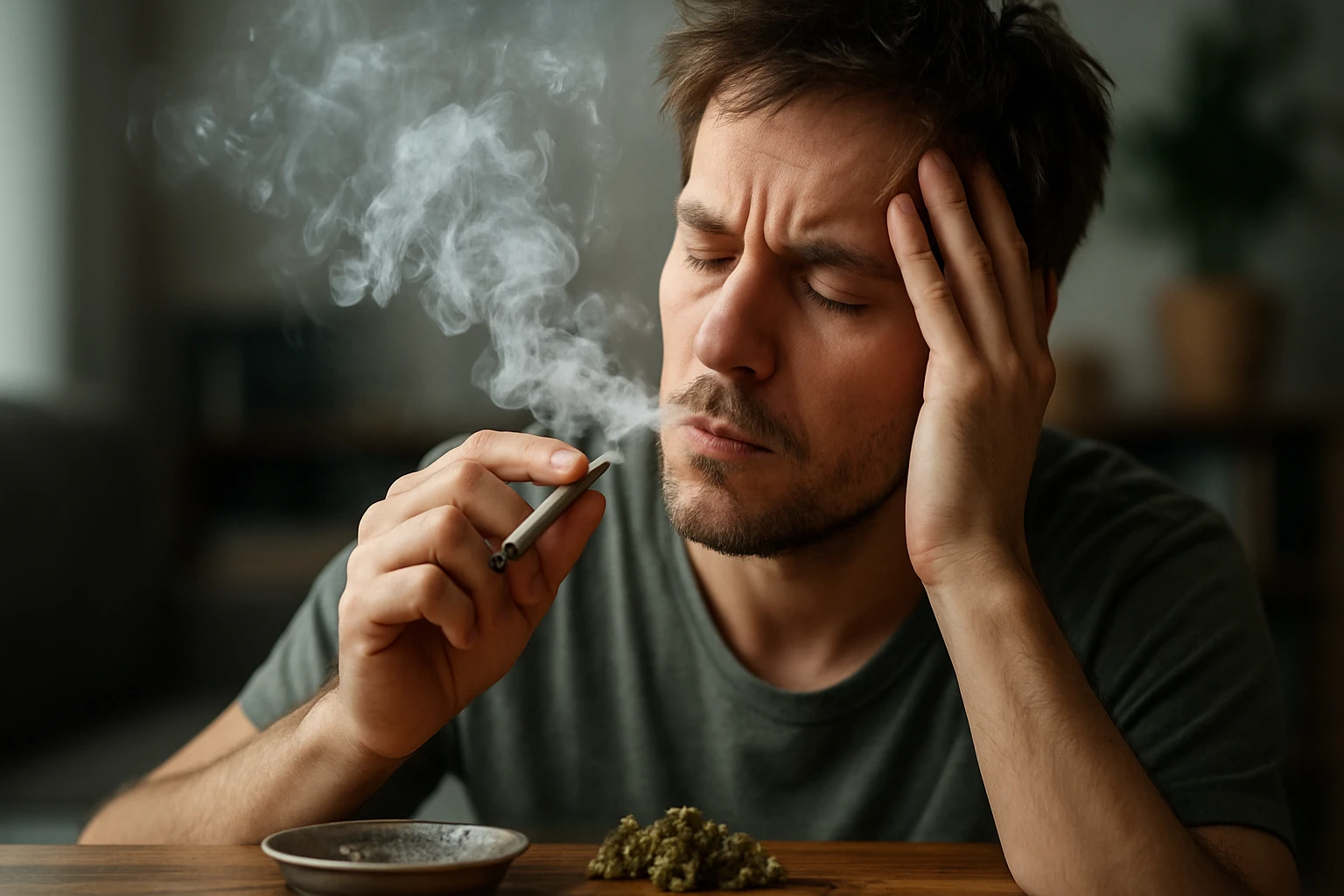 Muž fajčí marihuanu a zažíva stres a úzkosť.