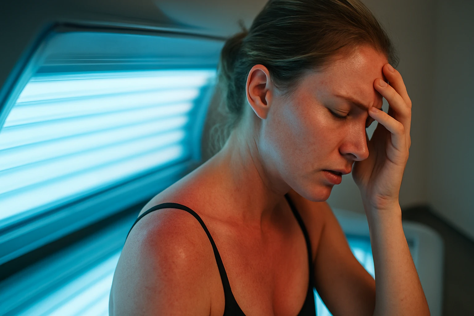 Žena s bolesťou hlavy v soláriu po opakovanom použití.