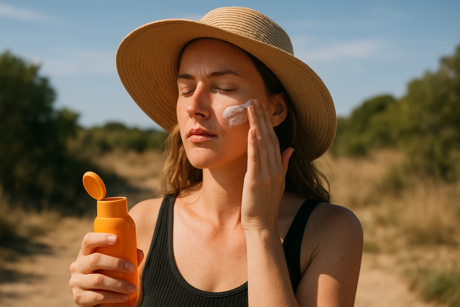 Žena nanášajúca opaľovací krém na tvár na slnku