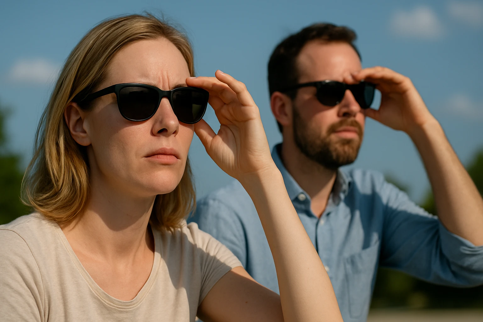 Pár s slnečnými okuliarmi chráni svoj zrak pred UV žiarením.