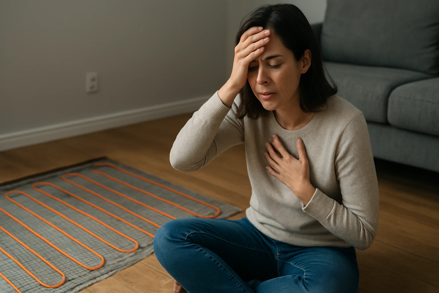 Žena zažíva stres a diskomfort pri elektrickom podlahovom kúrení.