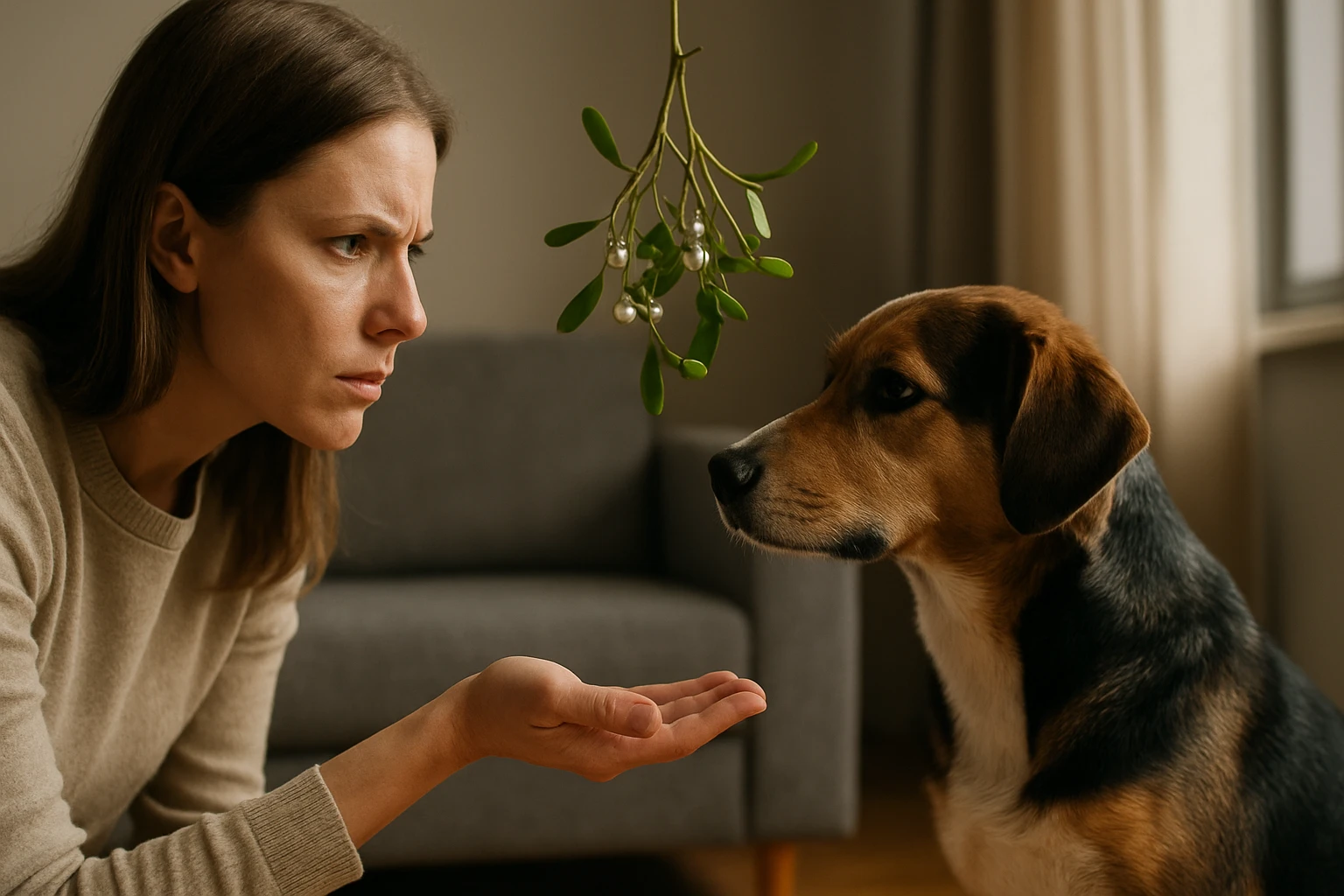 Žena varuje psa pred imelom, ktoré je toxické pre psov.