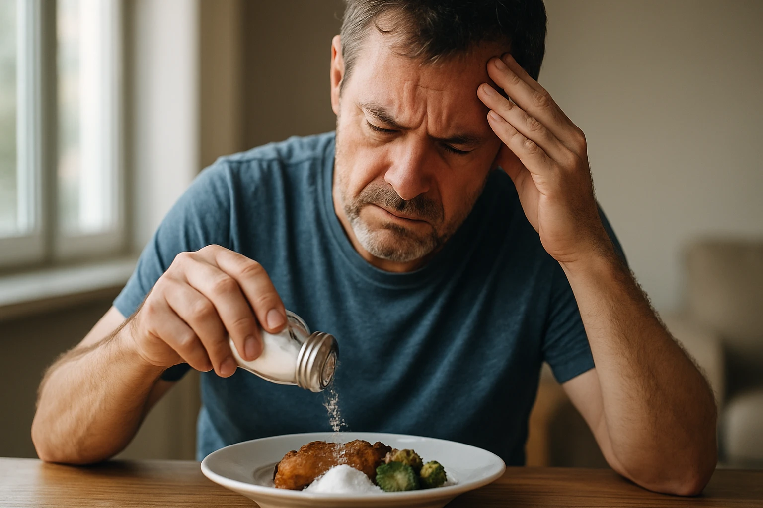 Muž s obavami posypáva jedlo soľou, znepokojený nadmernou konzumáciou.