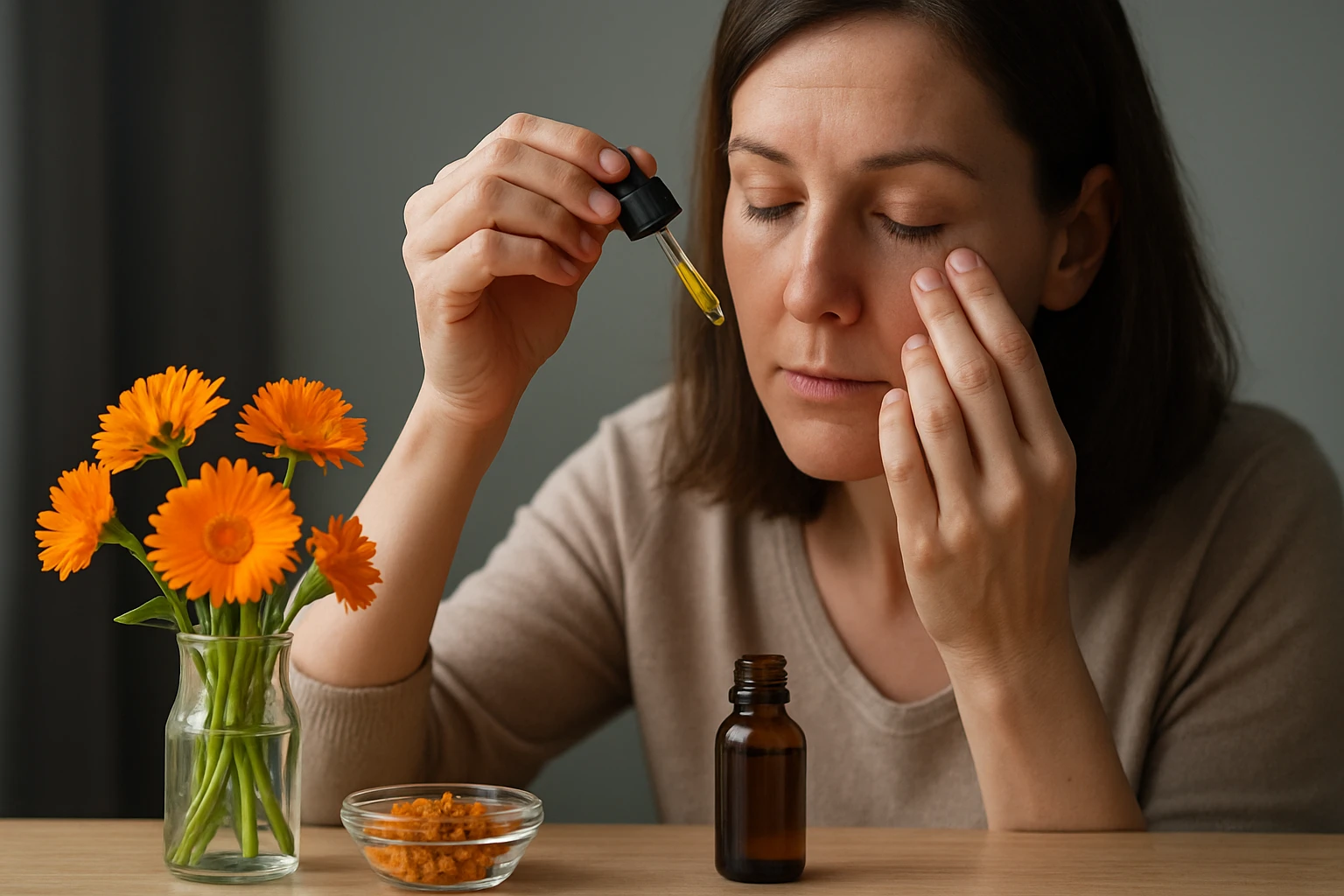 Žena nanášajúca nechtíkové kvapky na pleť pre upokojenie pokožky.