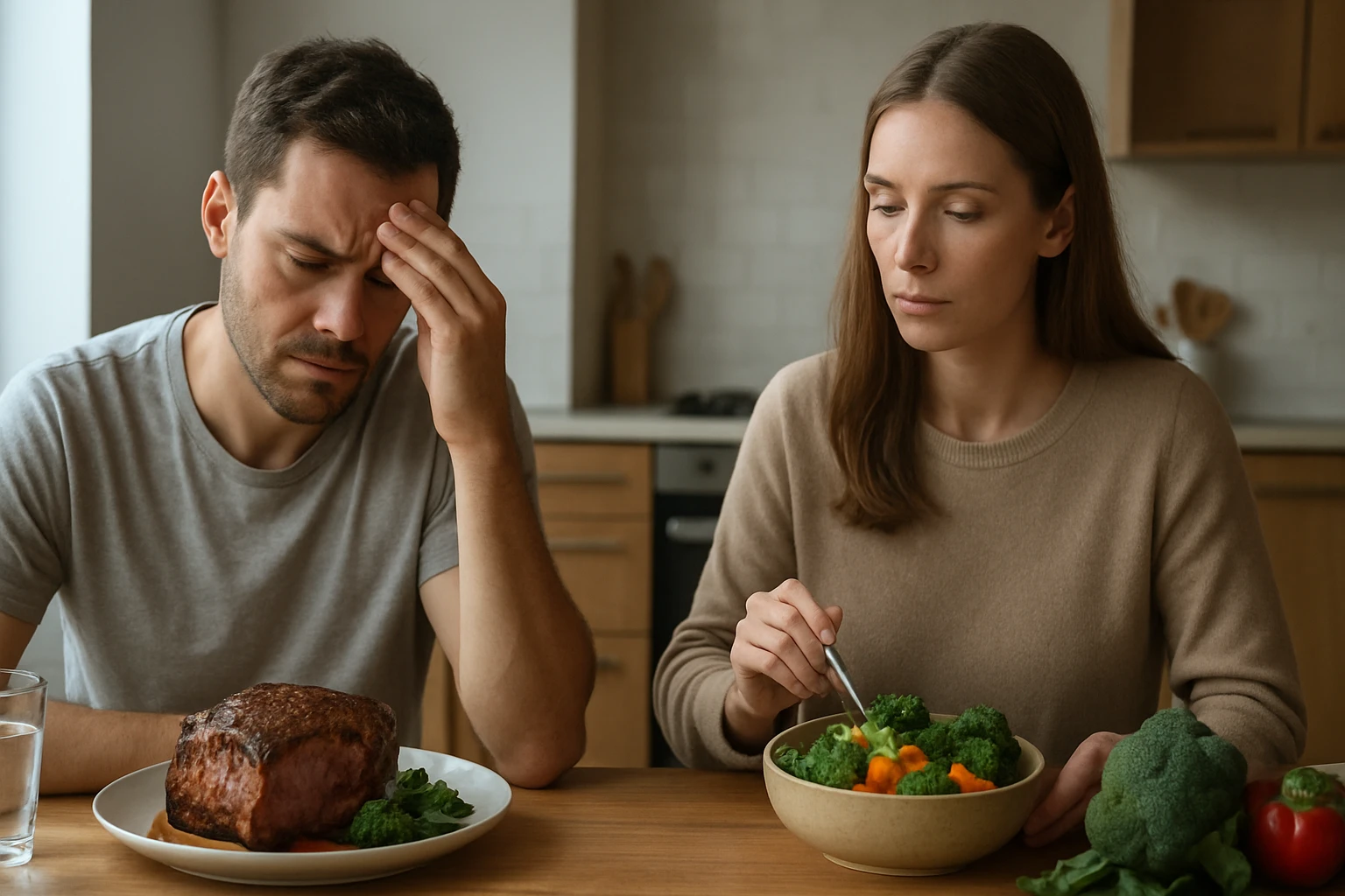 Muži škodlivóst mäsa a žena jedíca rastlinnú stravu v kuchyni