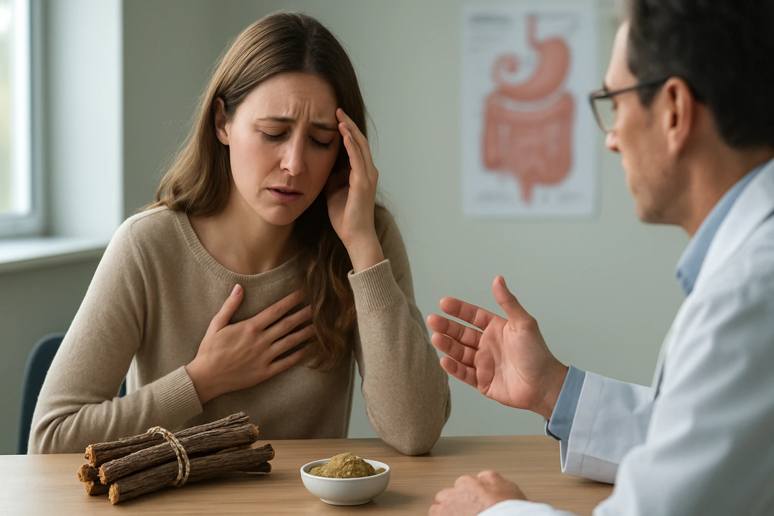 Žena s ťažkosťami počas konzultácie s lekárom o sladkom drievku