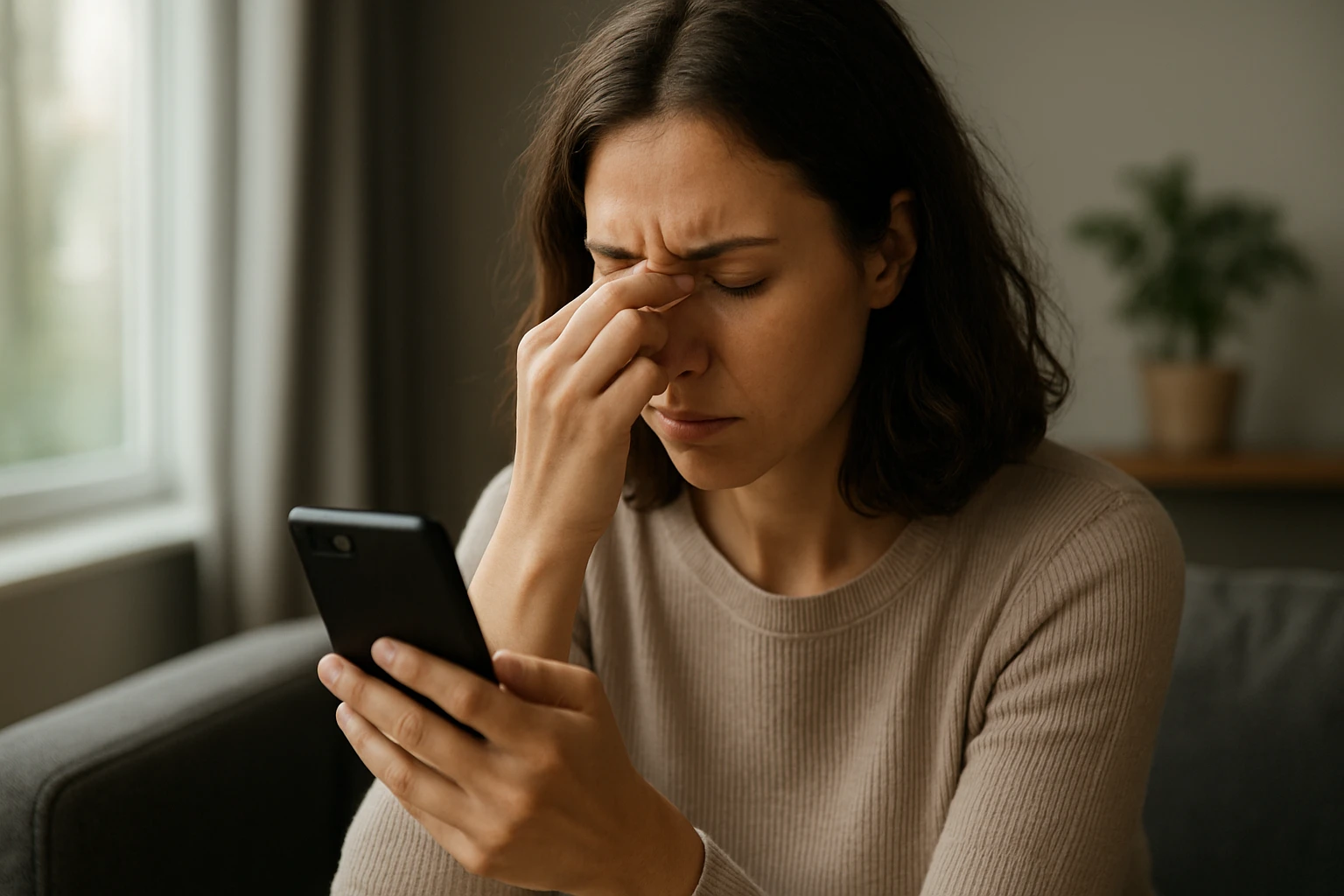 Žena trpi digitálnou únavou očí pri používaní telefónu