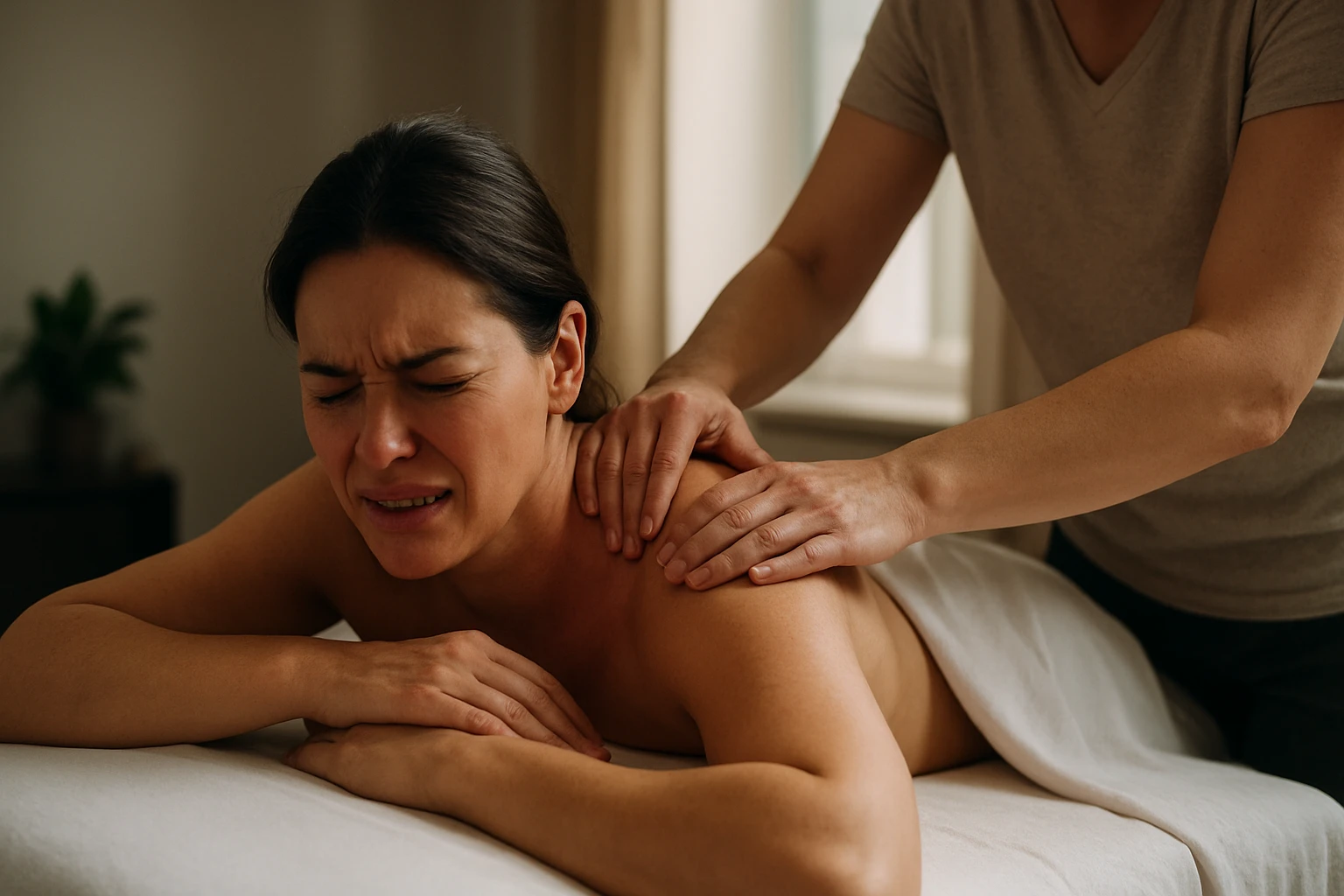 Žena zažíva bolest počas masáže chrbta