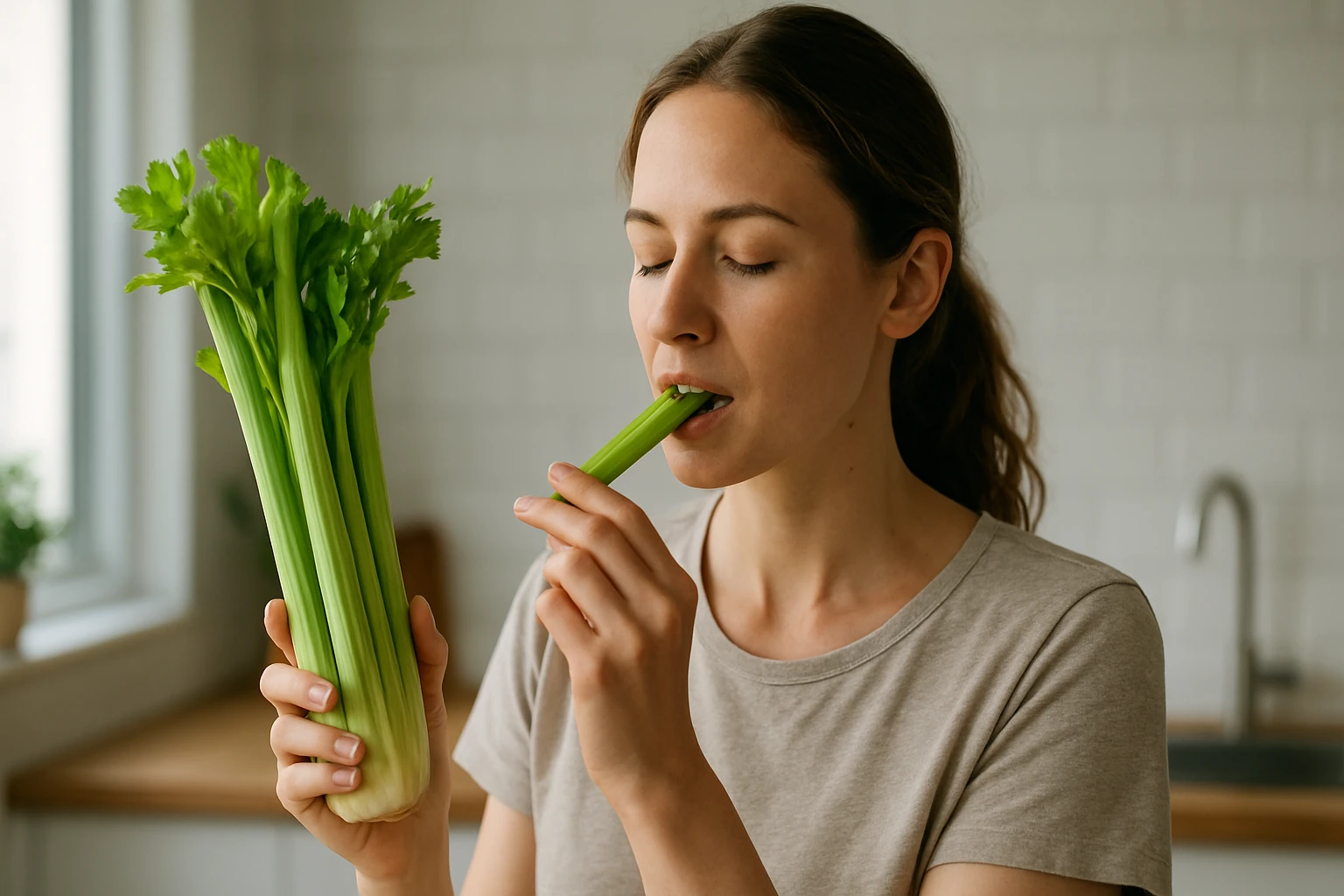 Žena si užíva zdravý stopkový zeler v kuchyni.