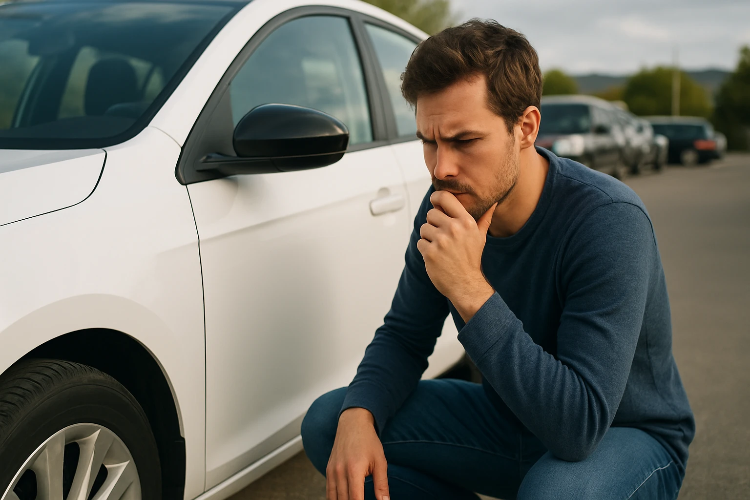 Muž premýšľa o dlhodobom prenájme auta pri bielom vozidle.