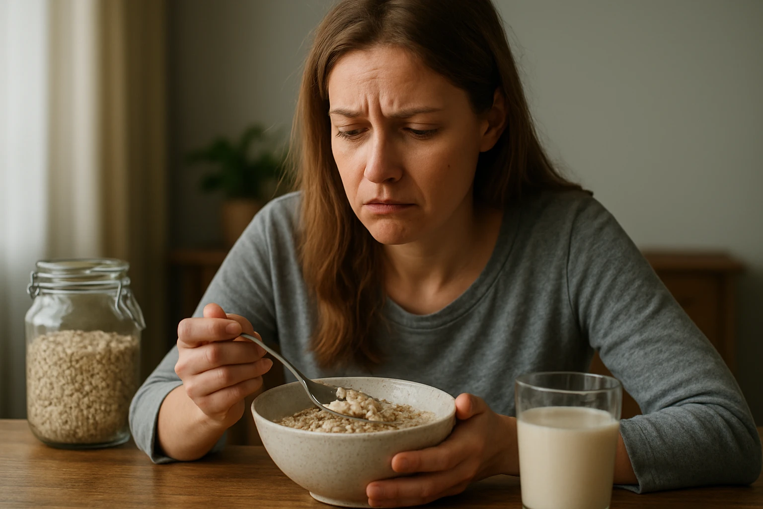 Žena s otáznym výrazom pri jedení ovsených vločiek.