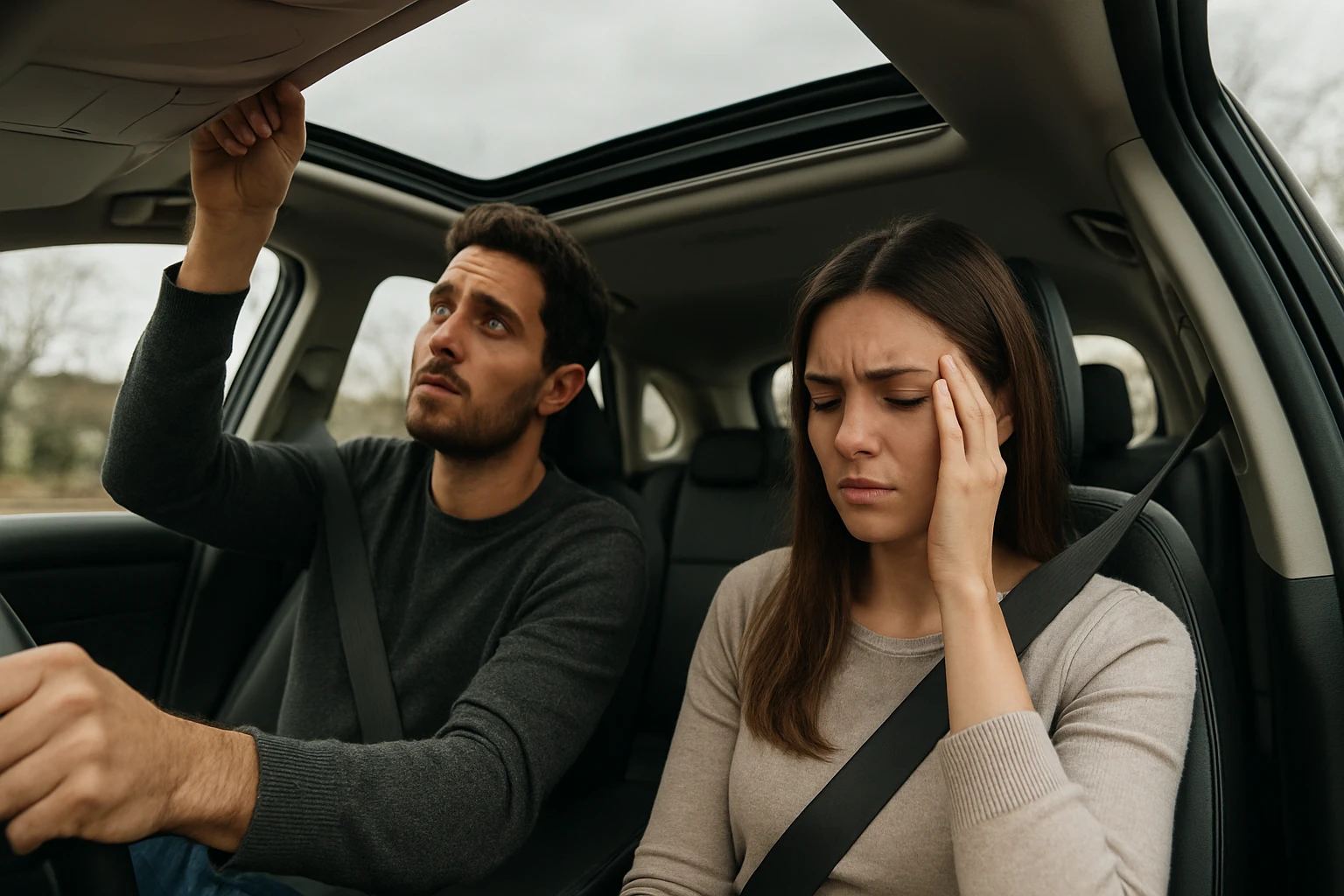Pár diskutuje v aute o panoramatickej streche a jej nevýhodách.
