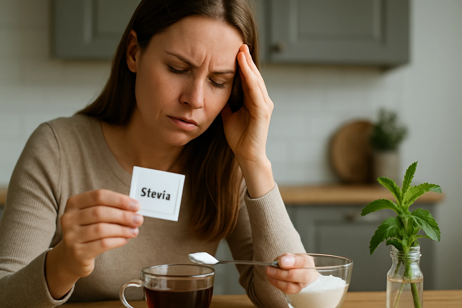 Žena s bolesťou hlavy skúma stéviu ako prírodné sladidlo.