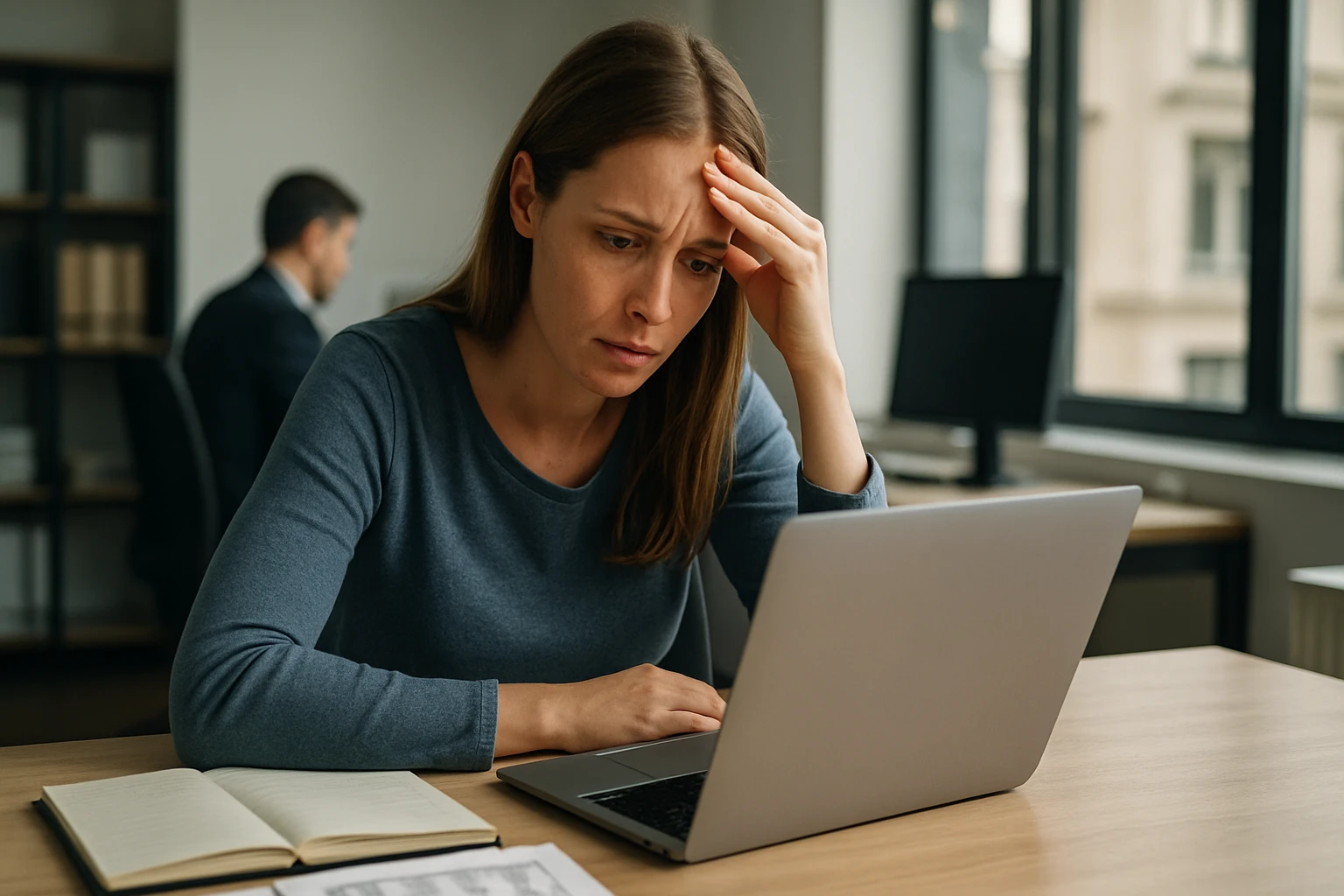 Žena vyzerajúca znepokojene pri práci na počítači