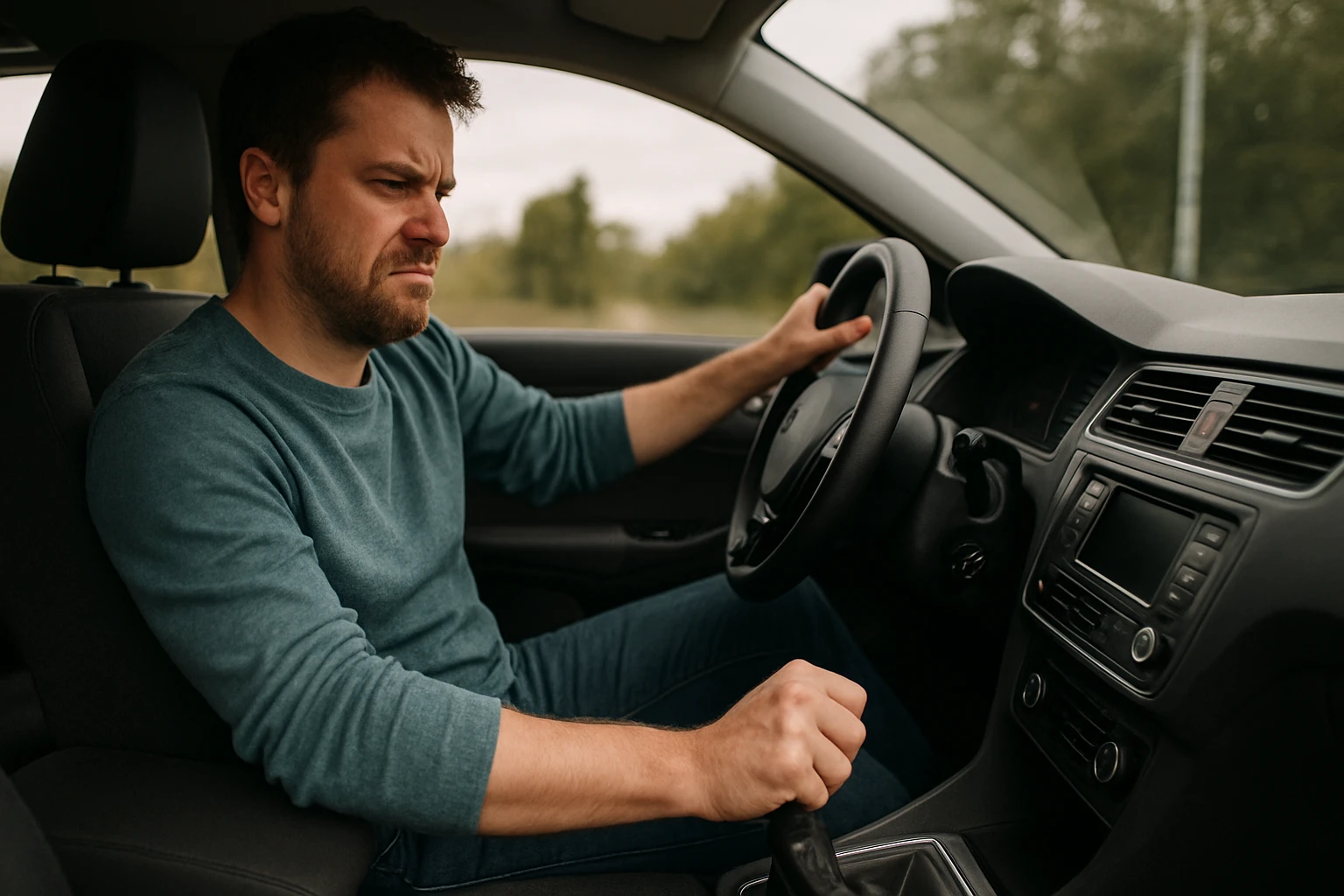 Muž za volantom vozidla s ťažkým výrazom tváre pri radení sekvenčnej prevodovky.