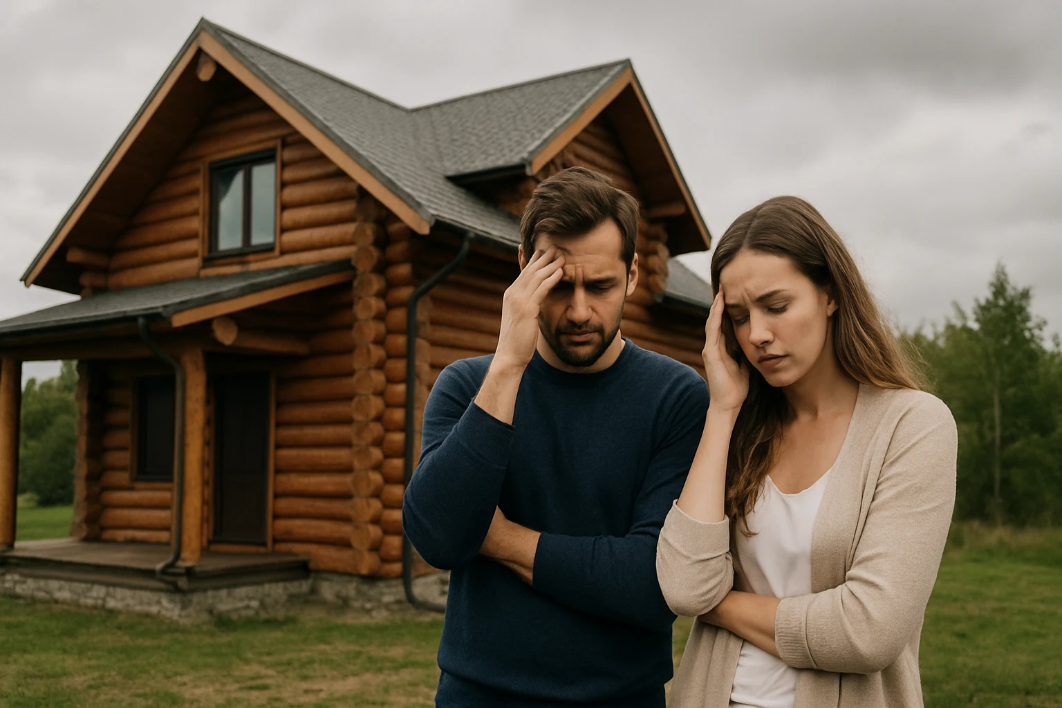 Pár, ktorý sa obáva nevýhod zrubového domu na pozadí stavby.
