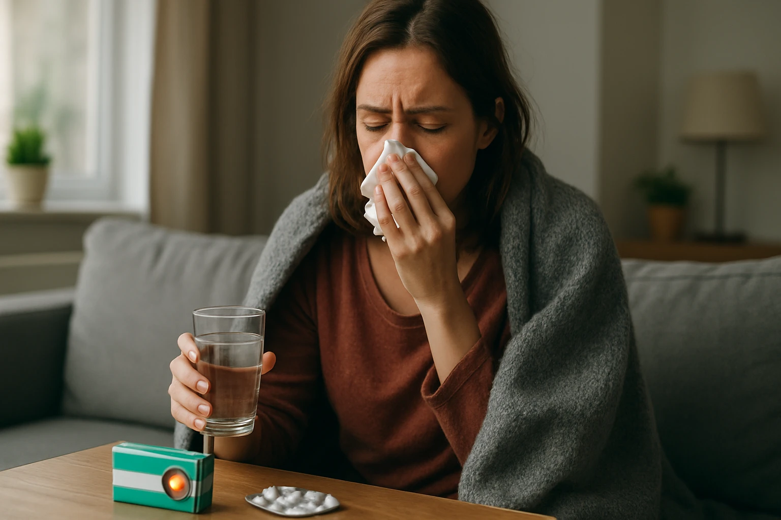 Žena s prechladnutím holding pohár vody a utierkou na nos.