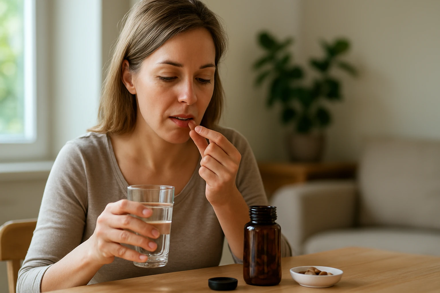 Žena užíva lucernové tablety s vodou na stole.
