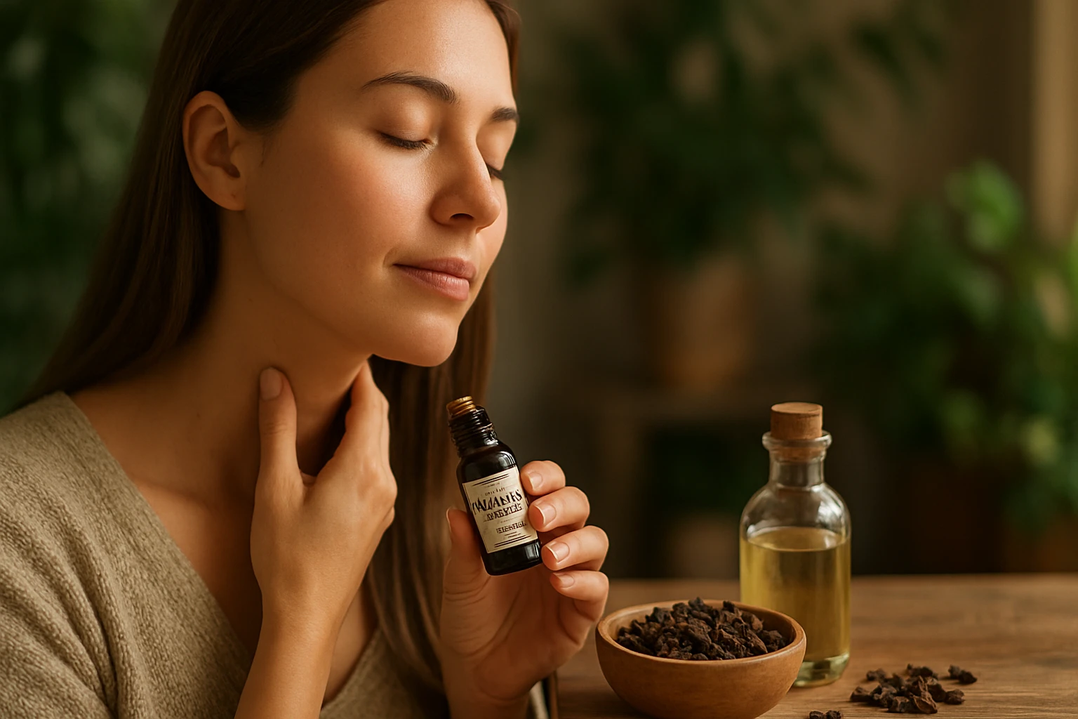 Žena s klinčekovým esenciálnym olejom pri aromaterapii.