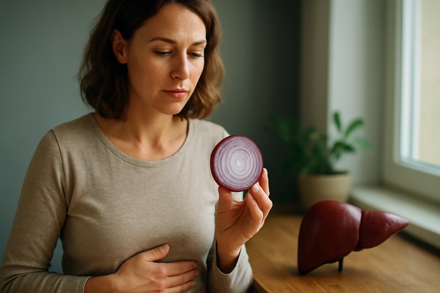 Žena drží krúžok cibule a premýšľa o zdraví pečene.