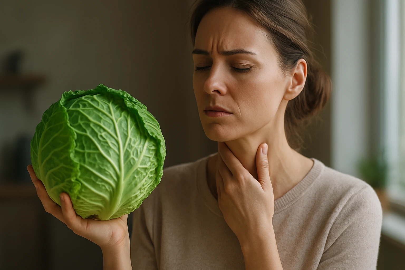 Žena drži kapustu a dotýka sa krku, symbolizujúca starostlivosť o štítnu žľazu.