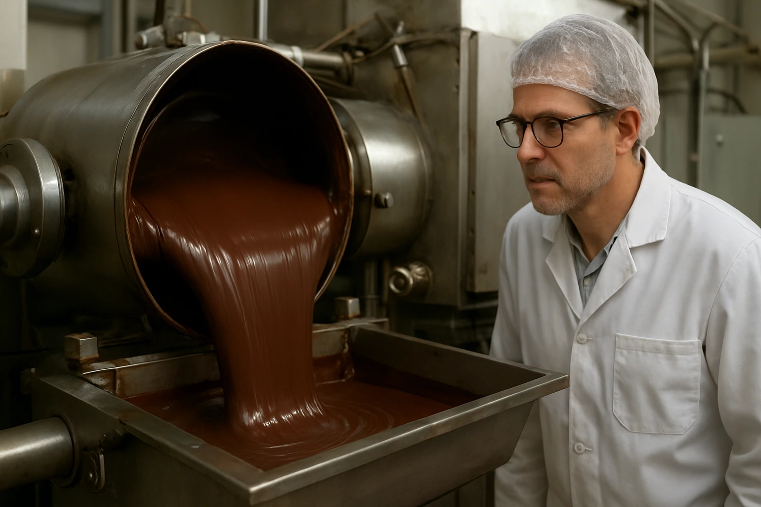 Pracovník sleduje čokoládové čerpadlo pri práci vo výrobni.