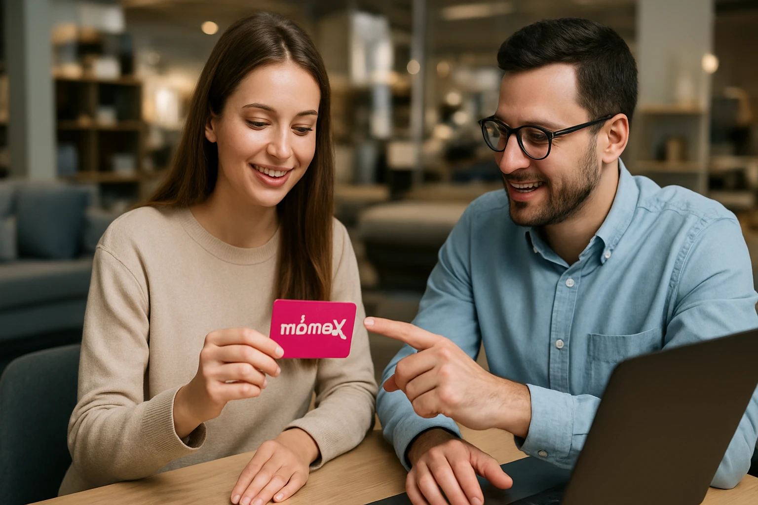 Mömax karta v rukách zákazníčky, jej výhody a zľavy.