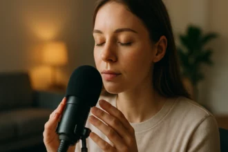 Žena s mikrofónom, užívajúca si ASMR zážitok na relaxáciu.