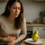 Žena drží hrušku a má bolesti brucha