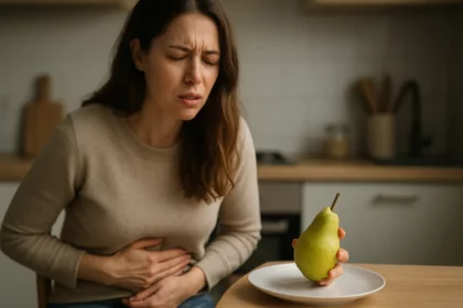 Žena drží hrušku a má bolesti brucha