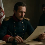 Jozef Bem číta dokument pri stole s poľskou vlajkou v pozadí.