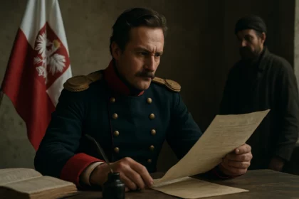 Jozef Bem číta dokument pri stole s poľskou vlajkou v pozadí.