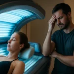 Žena odpočívajúca v soláriu so znepokojeným mužom vedľa nej.