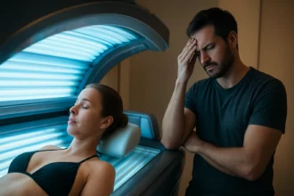 Žena odpočívajúca v soláriu so znepokojeným mužom vedľa nej.