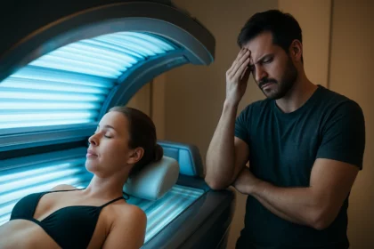 Žena odpočívajúca v soláriu so znepokojeným mužom vedľa nej.