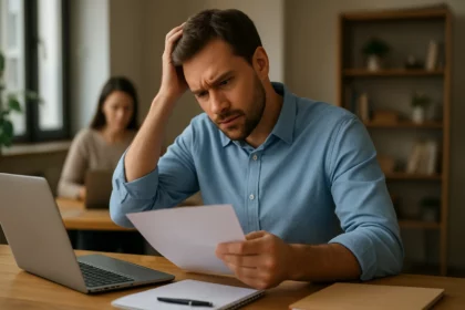 Muž premýšľa o rozhodnutí ohľadom živnosti pri práci na počítači.