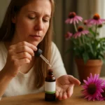 Žena používajúca echinaceové kvapky pre podporu zdravia