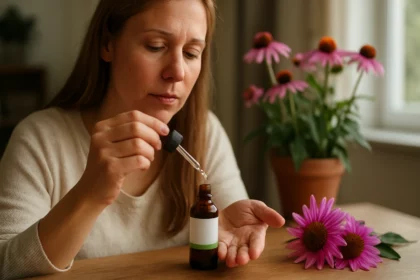 Žena používajúca echinaceové kvapky pre podporu zdravia