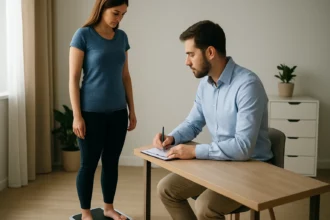 Žena stojí na diagnostickej váhe, muž zaznamenáva výsledky.