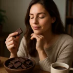 Žena vychutnáva horkú čokoládu s úsmevom a relaxuje.