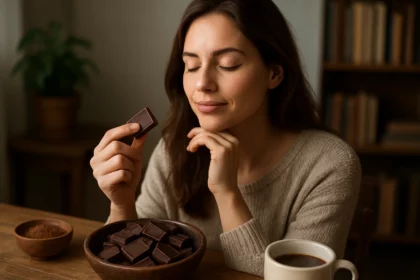 Žena vychutnáva horkú čokoládu s úsmevom a relaxuje.