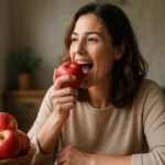 Žena si vychutnáva červené jablko v kuchyni.
